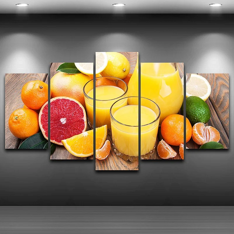 

Mordern Painting Frame Wall Art Oil Pictures Home Decor 5 Panel Poster Fruits Juice HD Printed On Canvas For Living Room PENGDA
