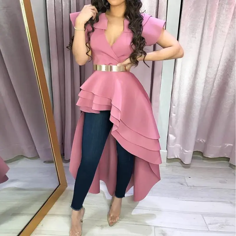 Verano Sexy Club Office Lady Pink blusas Mujer ropa 2019 Slim Ruffles Tops elegante moda camisas _ - AliExpress