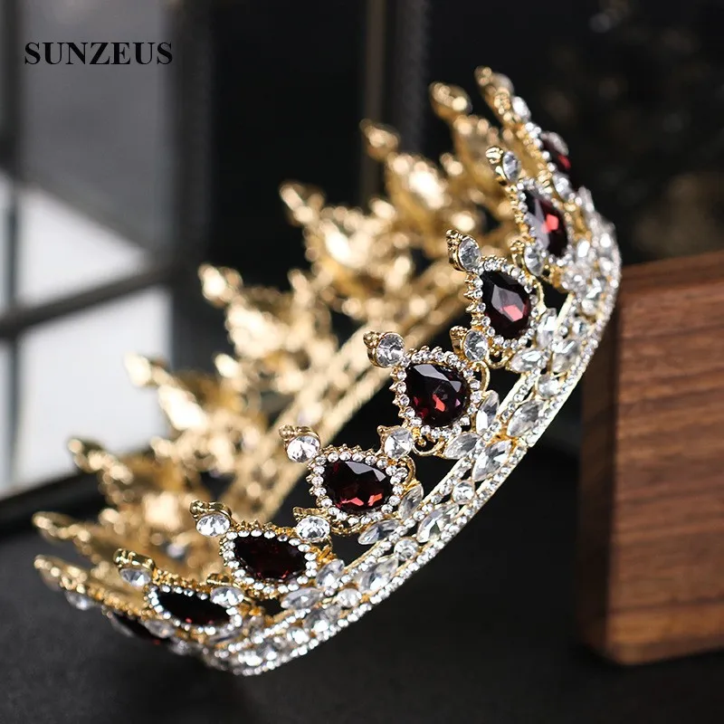 Luxury Round Queen Crowns Shinny Crystal Gold Bridal Tiara With Burgundy Rhinestones New Princess Marrige Accessory SQ0295