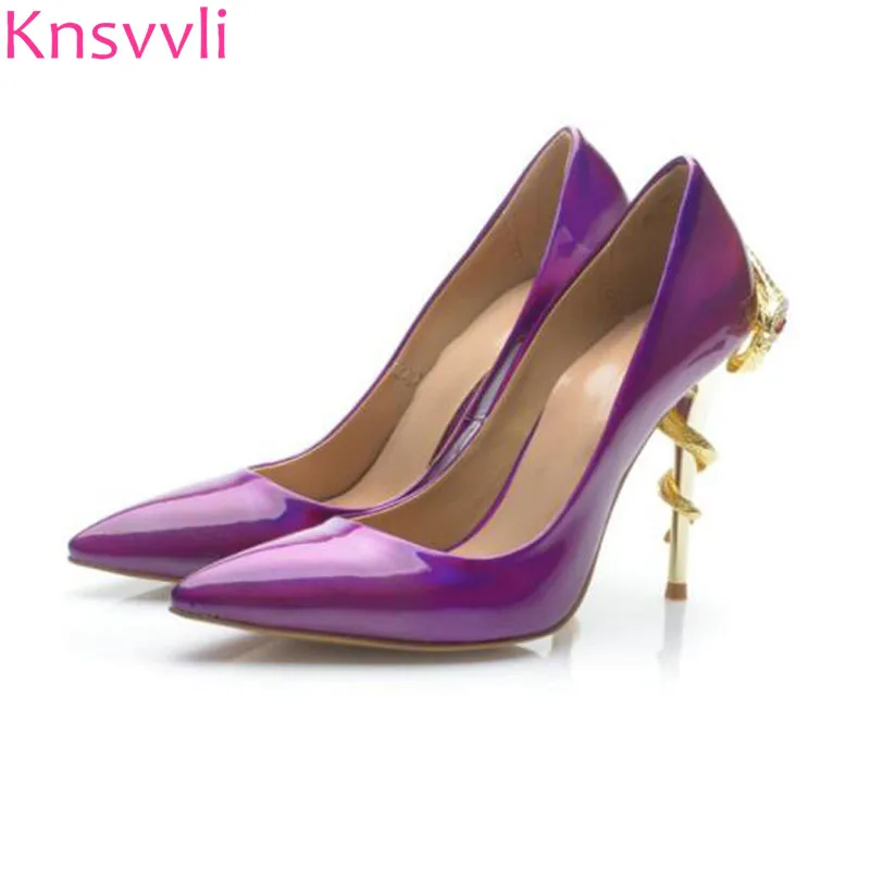 

New Metal Snake Heels Women Pumps Pointed Toe Genuine leather Shallow Fashion Wedding Shoes Women High Heels 11 cm Shoes
