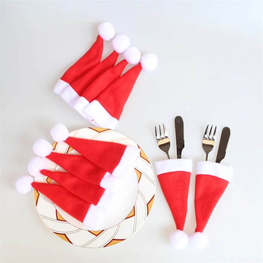 10PCS Christmas Caps Cutlery Holder Fork Spoon Pocket Christmas Decor Bag creative gifts#1102