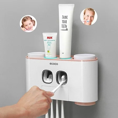 

Automatic Toothpaste Dispenser with Wall Mount Toothbrush Holder Toothpaste Squeezer with 5 Brushes Set
