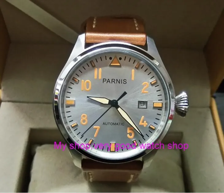 

47mm PARNIS silvery-white dial Automatic Self-Wind movement Auto Date men watches luminous hands Mechanical watches DF281A