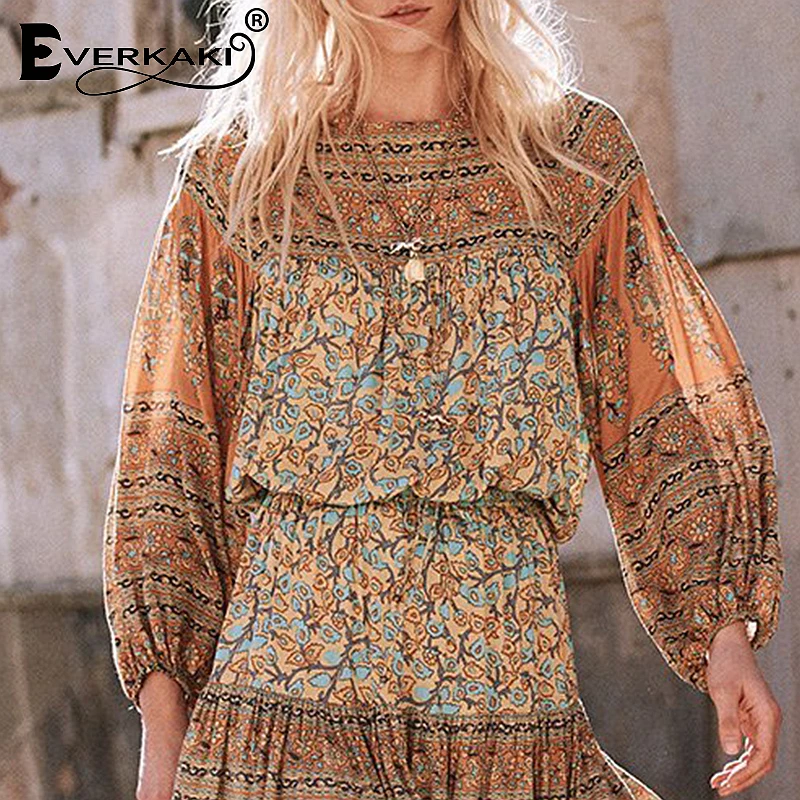 Ceny Everkaki Czeski Floral Szyfonowa Bluzka Kobiet Topy Gypsy Koszule Lantern Długim Rękawem Boho Kobiet Topy I Bluzki 2018 Jesień