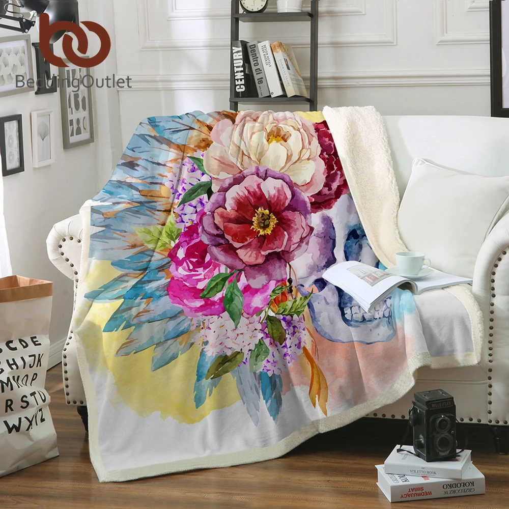 

BeddingOutlet Velvet Plush Throw Blanket Colorful Skull and Floral Sherpa Blanket for Couch Flowers Printed Soft Throw Travel