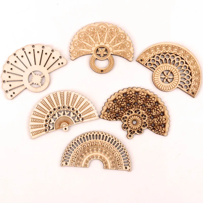 Handmade Retro Wooden Fan Ornaments for Crafts and Home Decor, Set of 6
