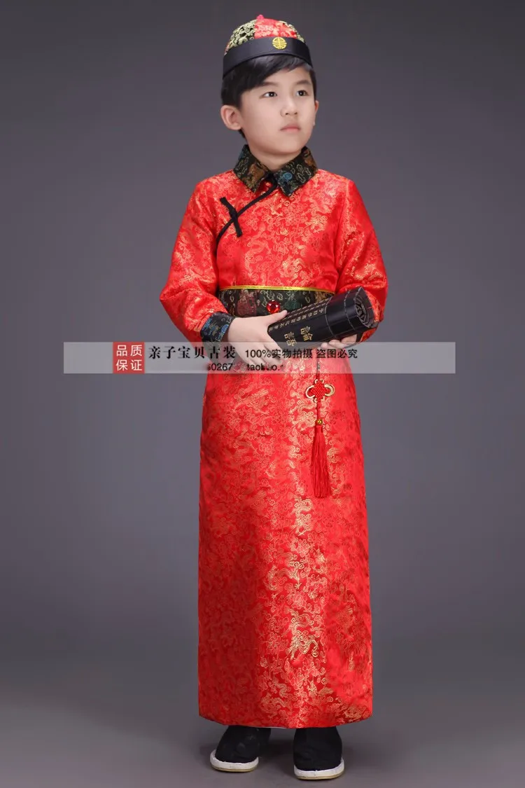 Китайский костюм для мальчика китайский малыш халат Hanfu одежда Детский костюм с Hat 100-160 см