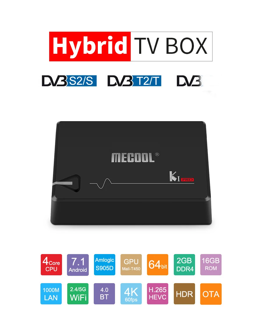 Mecool KI PRO DVB-T2 Android Smart tv Box DDR4 2 ГБ/16 ГБ DVB T2 S2 Android 7,1 Amlogic S905D 2,4G/5G 4K спутниковый ресивер