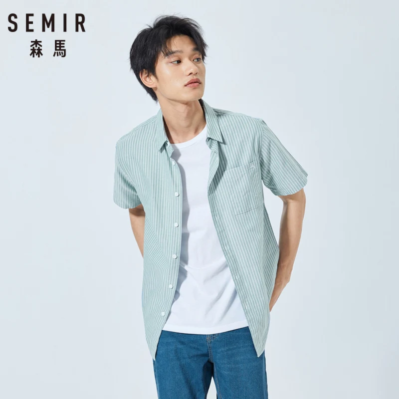 SEMIR Мужская рубашка с коротким рукавом летняя новая Корейская версия хлопковая рубашка с вертикальными полосками мужская одежда приталенная рубашка