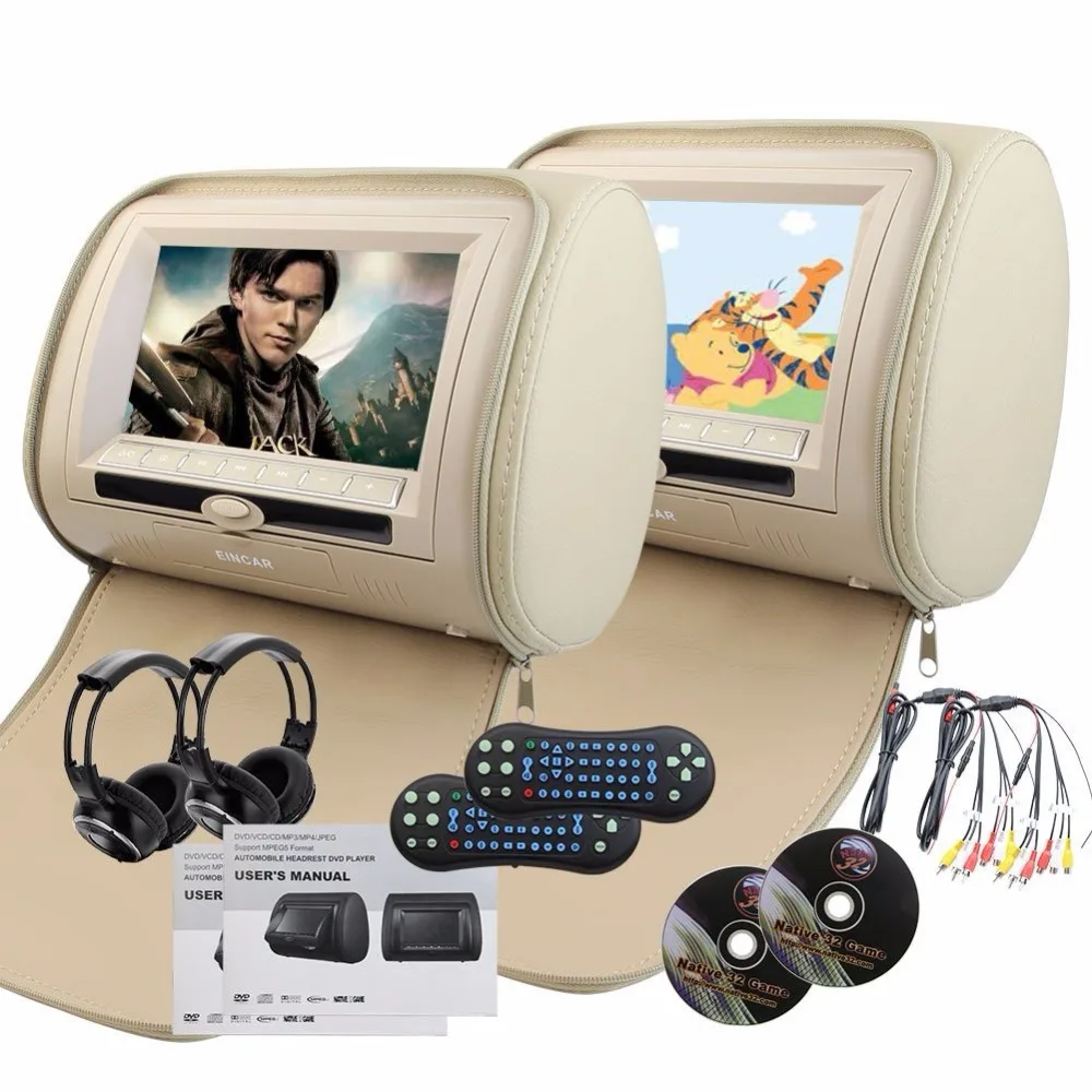 

Car Headrest DVD Player Pupug beige Universal Digital Screen zipper Car Monitor USB FM TV Game IR Remote control two headphones