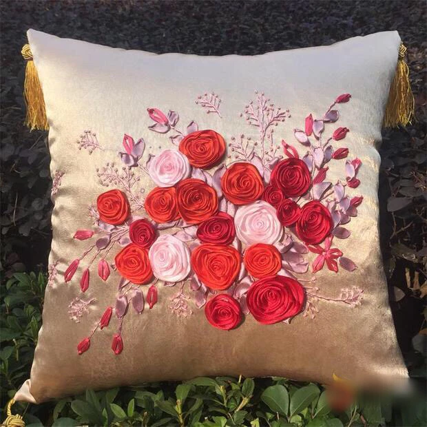 1ピース42 42センチメートル青赤い花ハッピーツリーリボン刺繍キット枕カバーセット手芸diy手作り針仕事アート家の装飾 Ribbon Embroidery Kits Diy Diy Embroiderydecorative Decorative Aliexpress