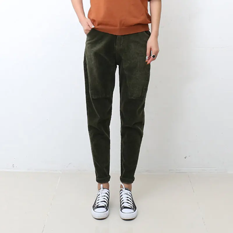 Вельветовые штаны-шаровары женские полосатые бархатные брюки с высокой талией размера плюс 3XL Pantalon Femme Повседневные брюки с высокой талией женские C4654 - Цвет: army green