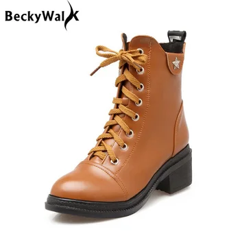

New Lace-Up Winter Shoes Woman Thick Heels Women Boots Solid Martin Ankle Boots Fashion Bota Feminina WSH2149