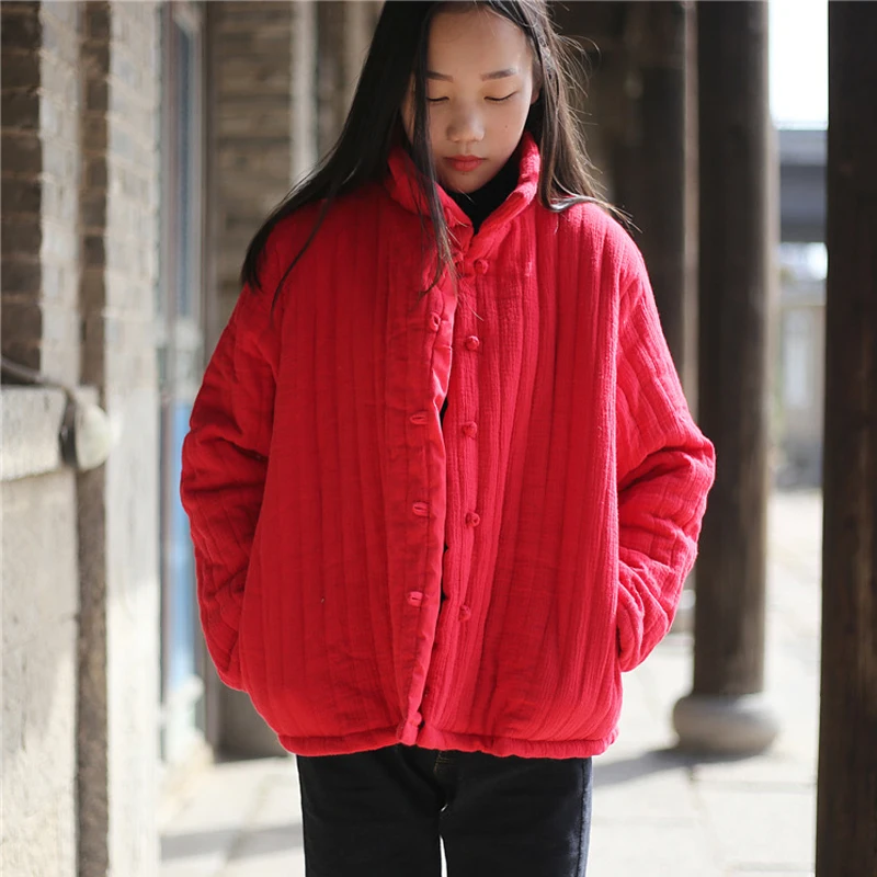 Johnature Women Stand Parkas Coat Cotton Button Long Sleeve 2018 Winter New Brief Pockets Vintage Warm Women Clothes Coats