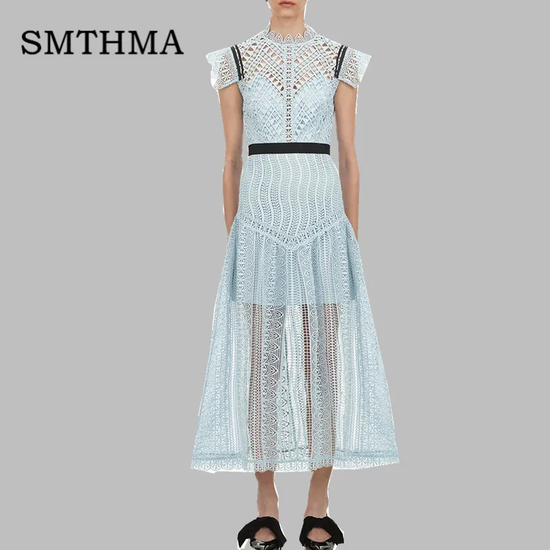 

SMTHMA 2019 New arrive Spring Self Portrait Blue Lace Long Dress Women Runway Hollow Party Dress vestidos