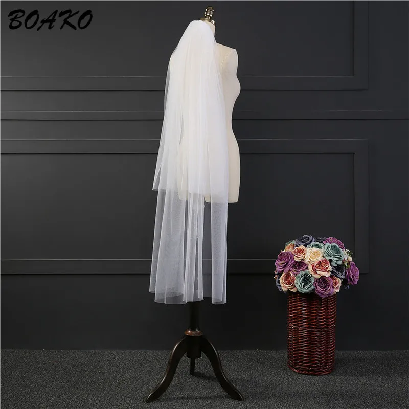 BOAKO 120cm White Ivory Cathedral Wedding Veil With Coumb Two Layer Cut Edge Long Bridal Veil Wedding Accessories Velos De Novia