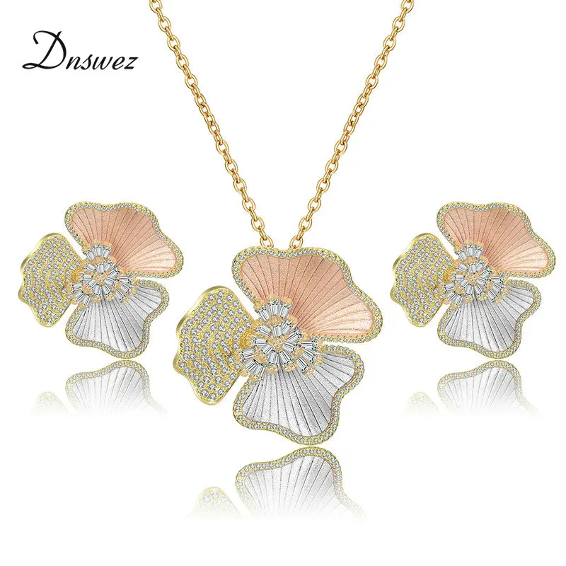 

Dnswez New Arrival Tulip Flower Cluster Luxury Women Wedding Naija Bridal Cubic Zirconia Necklace Earring Dubai High Jewelry Set