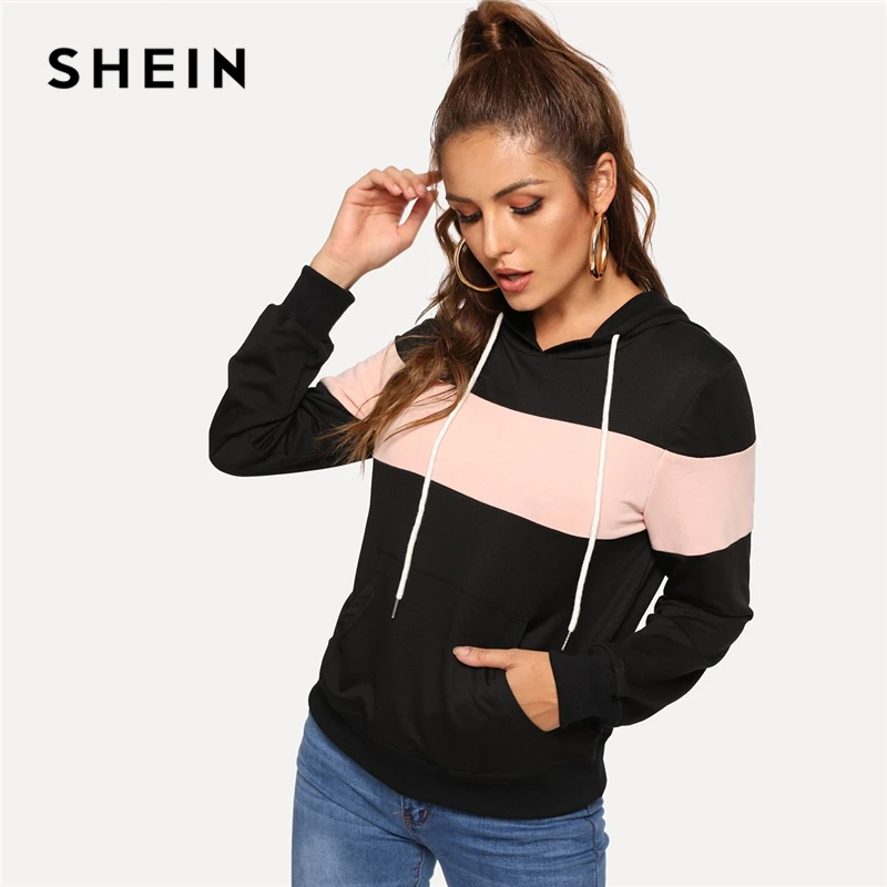  SHEIN Black Casual Hooded Drawstring Color Block Pocket Minimalist Pullovers Sweatshirt Autumn Prep