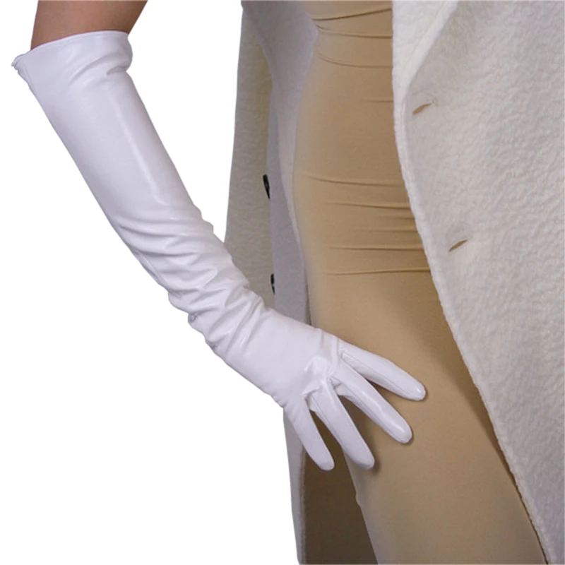 Long Style Patent Leather Gloves Imitation Genuine Leather 50cm Fashion Bright Leather White Elegant Woman PU Gloves P32