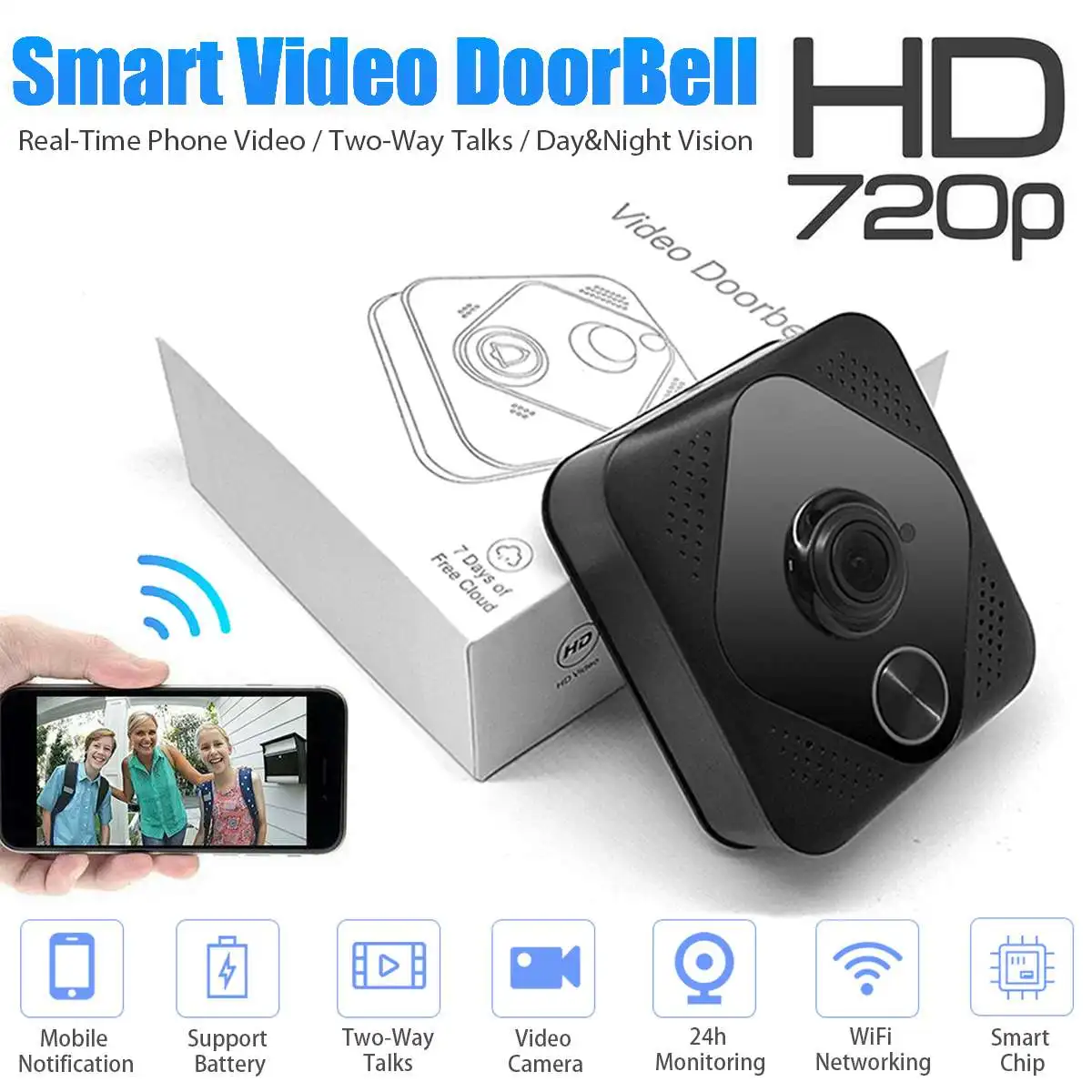 

720P Video Doorbell Wireless WiFi Smart Two-way Talk IR Night Vision Phone Control LED Camera Automatically Doorbell Security