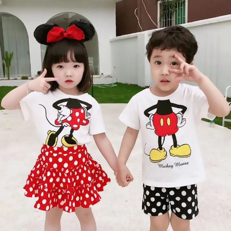 

2019 New Mickey Baby Boys Girls Cartoon Clothing Set Summer Minnie T-shirt+Dot Skirt Shorts Suits Children Fashion 2pcs Cotton