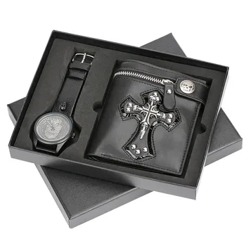 

Punk Style Men Quartz Watch Leather Watch Band Clutch Rivets Purses Retro Men's Skull Cross Leather Wallets Gift for Dad
