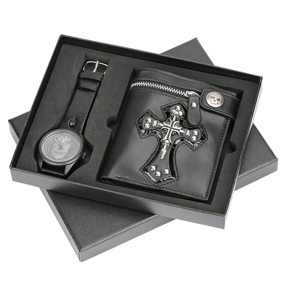 

Rock Steampunk Skull Men Wristwatch + Leather Wallet Gift Set Cool Box Punk Style Watches For Father Boyfriend Christmas Gifts