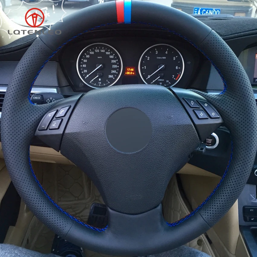

LQTENLEO Black Genuine Leather DIY Car Steering Wheel Cover for BMW E60 E61 520i 520li 523 523 523li 525 525i 530 530i 535 545i