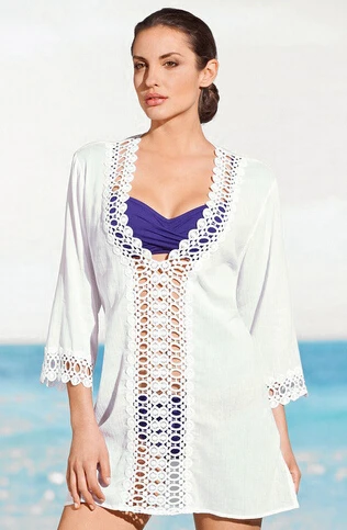 Новое Женское пляжное платье, сексуальный женский кружевной купальник с v-образным вырезом, купальник с узорами, Пляжная рубашка, хлопковое бикини, пляжная одежда, M L XL - Цвет: Белый