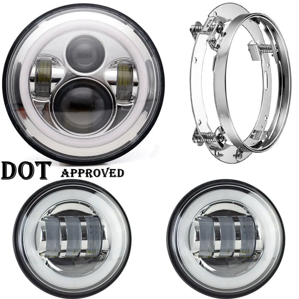 7 дюймовый светодиодный фар Белый DRL, 4,5 дюйма Halo противотуманные фары, переходное кольцо для Harley Touring Electra Road King Street Glide