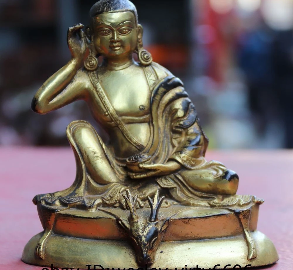 

China Old Tantra Buddhism Copper Gild Sit Deer Head GuRu Milarepa Buddha Statue