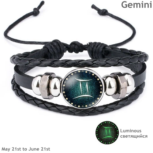 Gemini 12 Созвездие светящийся браслет мужской кожаный браслет, бусина браслеты для мужчин мальчиков женщин девочек ювелирные аксессуары брелок подарок - Окраска металла: Gemini