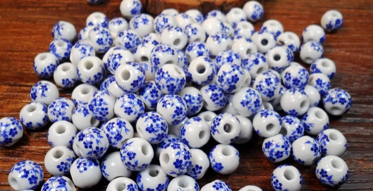 Handmade Blue and White Ceramic Flower Beads – 50Pcs Set