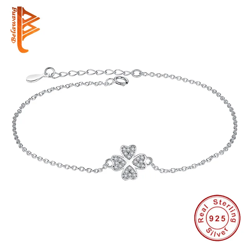Perhiasan Fesyen Asli 925 Sterling Silver Jewelry Austria Crystal Empat Daun Clover Jantung Charm Gelang Untuk Wanita Pulserias