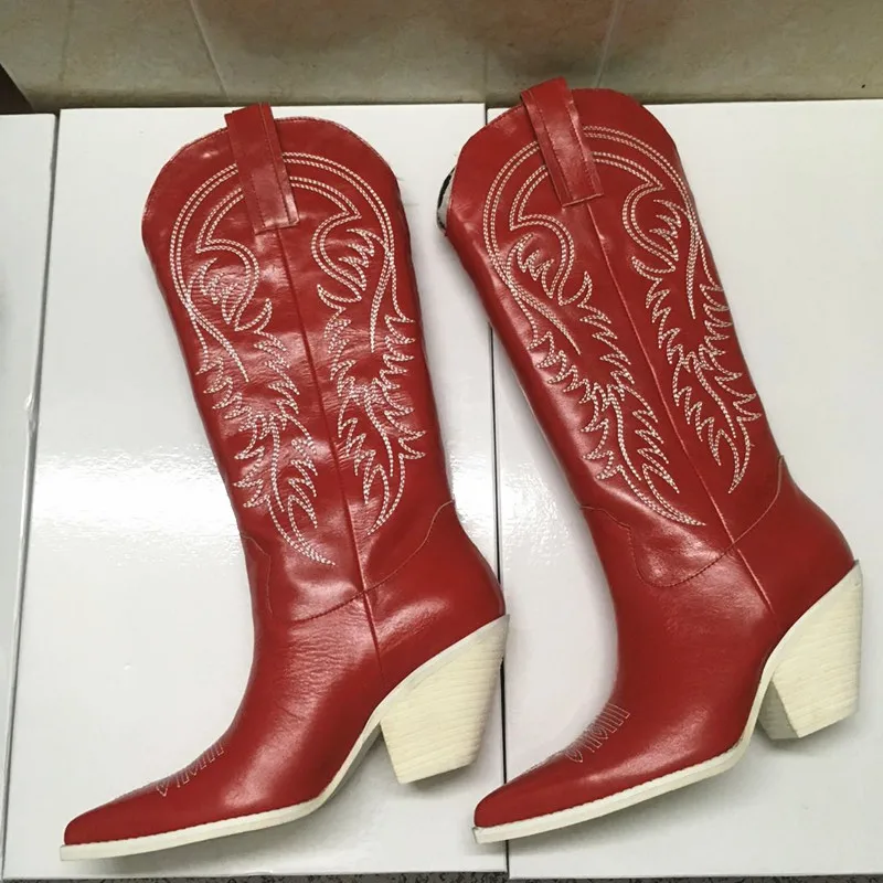 

Winter Boots Women Sewing Embroidery Slip On Botas Mujer Genuine Leather Western Cowboy Boots Zapatos De Mujer Sapato Feminino