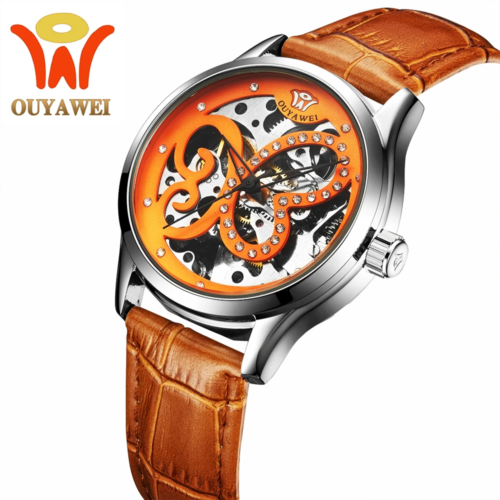 

OUYAWEI Watch 2019 Classic Orange Luxury Skeleton Mechanical Watches Orange Genuine Leather Women Wristwatches Montre Femme