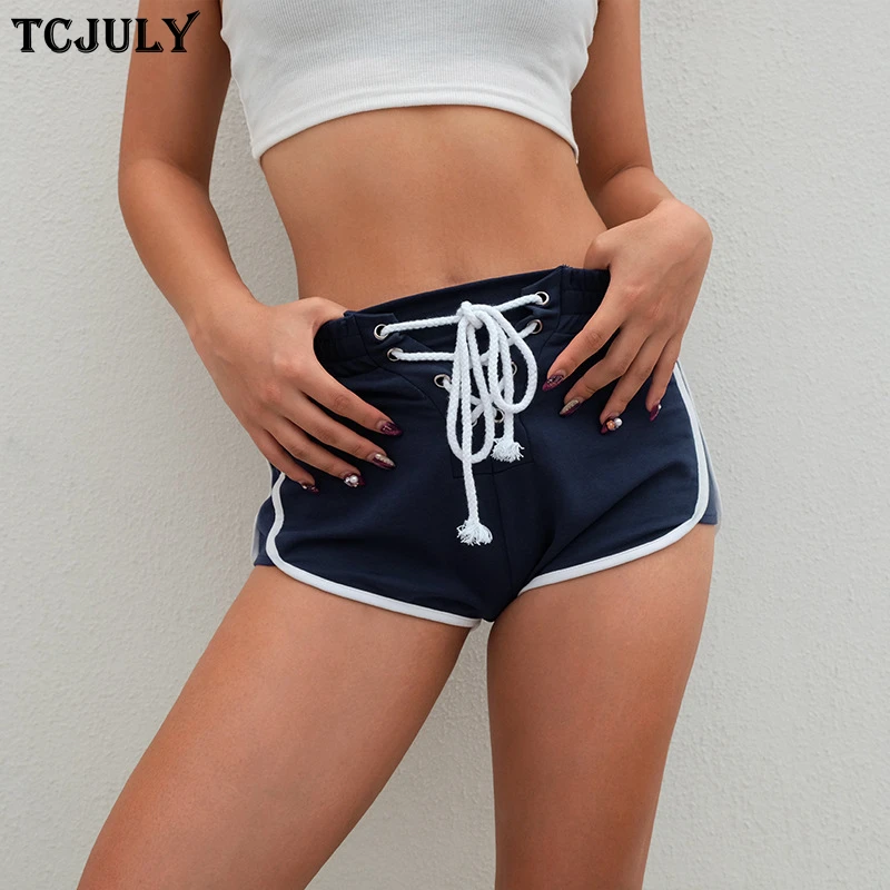TCJULY Europe American Hot Sale High Waisted Shorts Drawstring Patchwork Stretching Streetwear