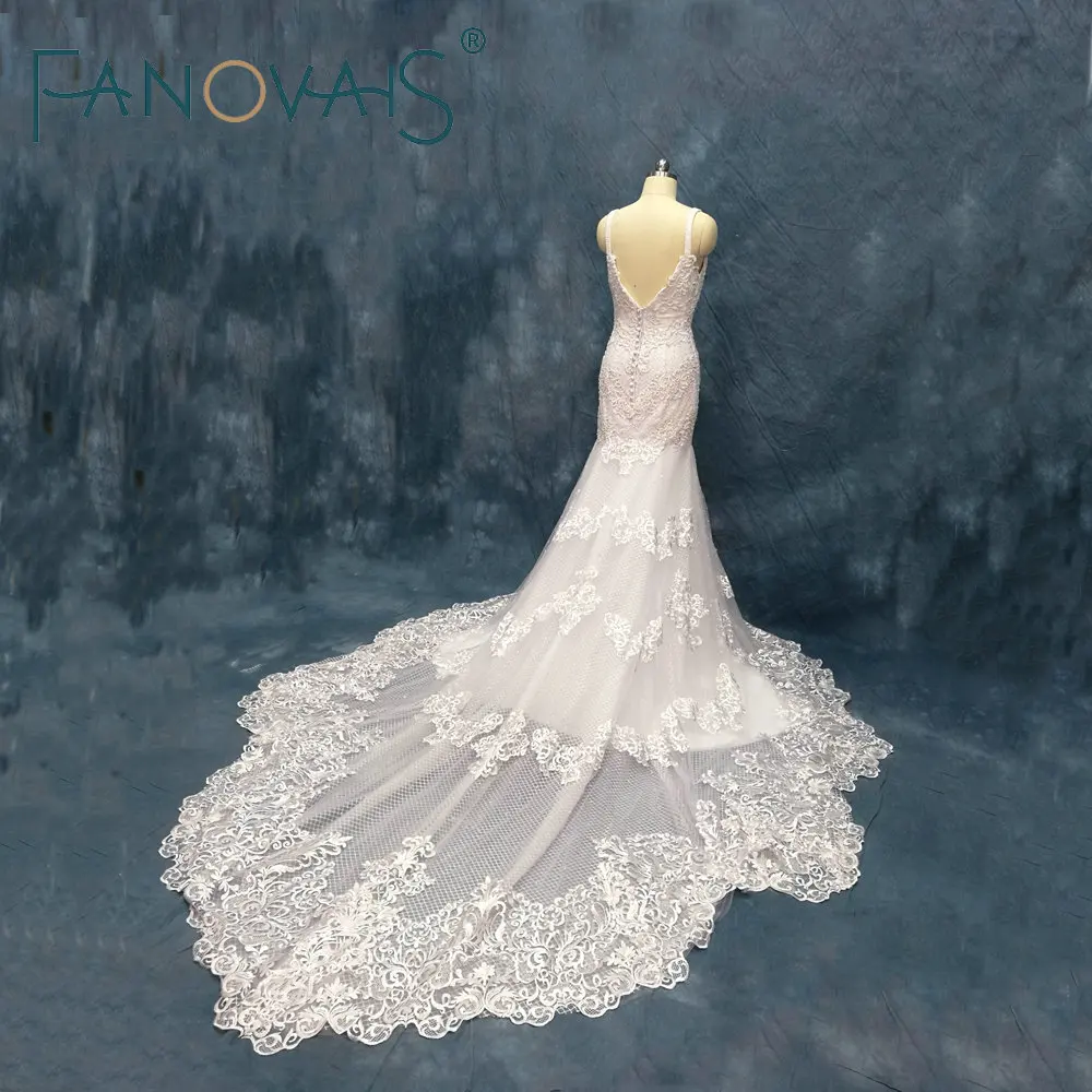 #Special Offers Mermaid Trouwjurken Luxe Kralen Parels Bruidsjurken Lange Trein Kant Wedding Dress Vestido de Novia Bruidsjurken robe maree
