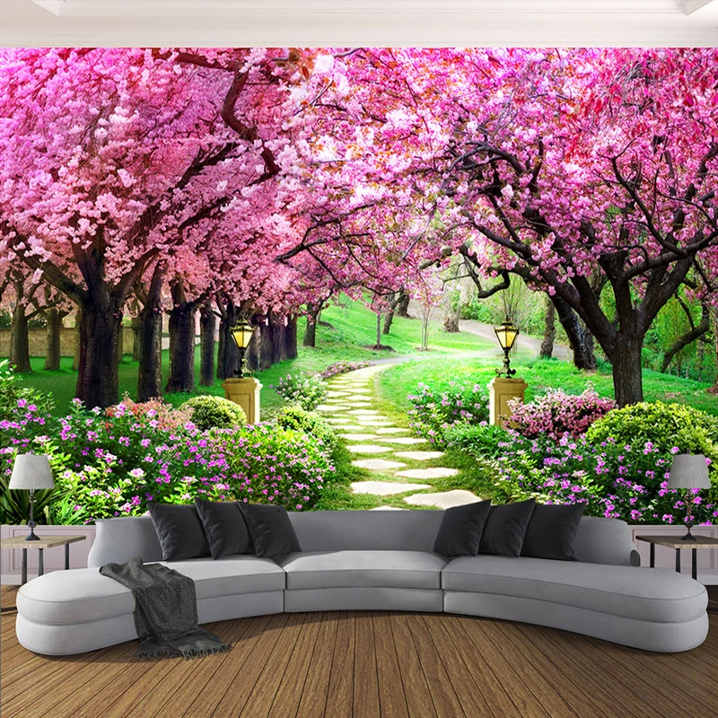 3D фотообои на заказ романтическое дерево вишни маленькая дорога декор для