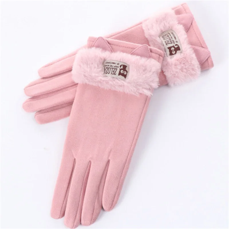 Touch screen gloves ladies winter warm suede leather mittens lovely rabbit cat ears plus velvet thickening driving gloves D33 - Цвет: D33A Pink