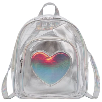 

Fashion Transparent PVC Heart Pattern Silver & Pink Young Girl's Travel Backpack Ladies Shoulder Bag School Bag Female
