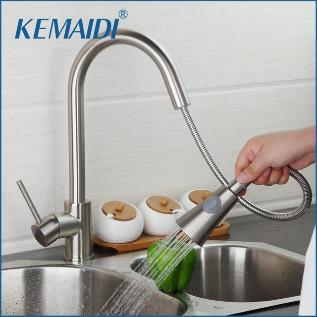 Cheap KEMAIDI Perfect  Brushed Nickel Solid Brass Kitchen Faucet  Pull Out  Spray Deck  Mounted Sink Mixer Taps Single Handle Faucet