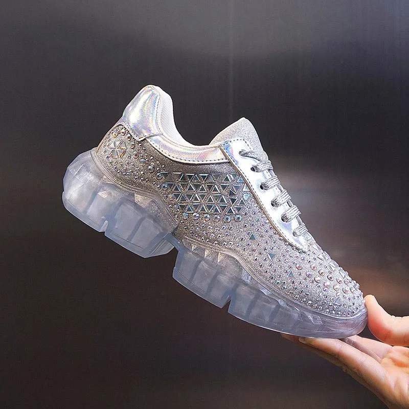 Обувь с кристаллами; женские кроссовки на платформе; zapatos de mujer; шикарные женские кроссовки со стразами; серебристые женские кроссовки с блестками - Цвет: Серебристый