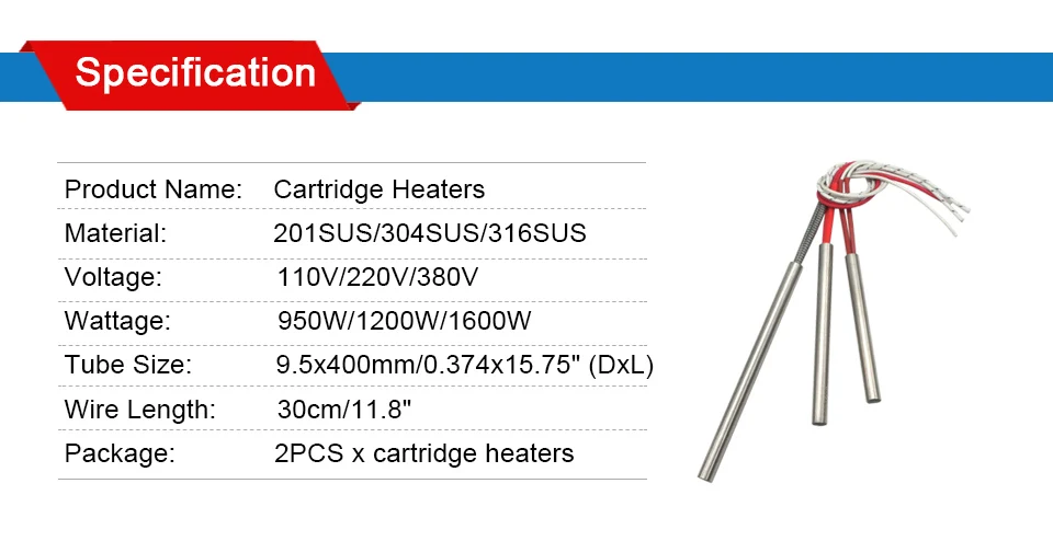 LJXH Нагревательный элемент Керамический картридж нагреватели размер трубки 9,5X400 мм/0,374x15,7" 950 Вт/1200 Вт/1600 Вт AC110V/220 В/380 В 2 шт./лот