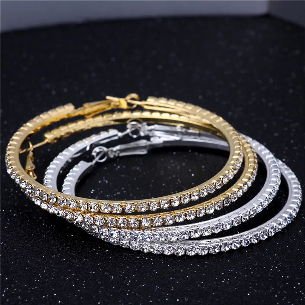 

Gold/Silver 70mm Single Row Basketball Wives Crystal Rhinestone Hoop Earrings Free Shipping