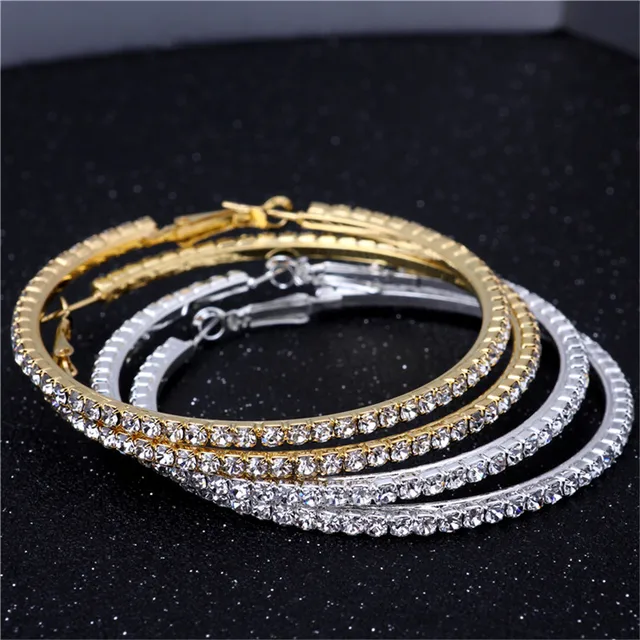 Gold Silver 70mm Single Row Basketball Wives Crystal Rhinestone Hoop Gold Silver 70mm Single Row Basketball Wives Crystal Rhinestone Hoop Earrings Free Shipping