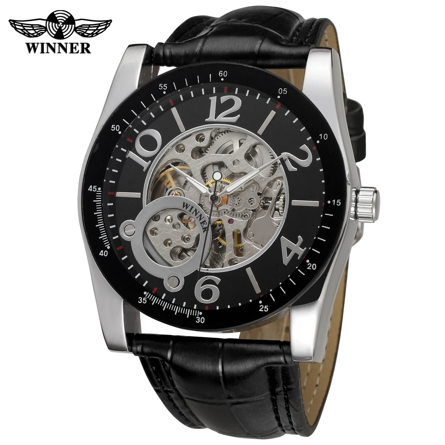 

2019 Fashion Winner Top Brand Big numbers Luxury Mechanical Clock Men Genuine Leather Skeleton Hollow Man Business Wirst Watch