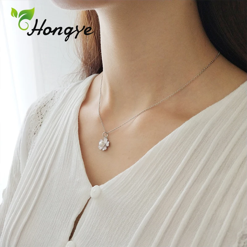 

Hongye Real Pearl Necklace Pink Cherry Blossoms New Design Neck Chain Silver 925 Jewelry Female Sweet Pendant Necklaces 2019