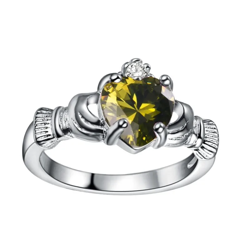 Кольцо Huitan Love Heart с камнем по месяцу рождения, посеребренное ирландское кольцо Claddagh, обручальные кольца для женщин, лучший подарок на Рождество для влюбленных - Цвет основного камня: 08. August
