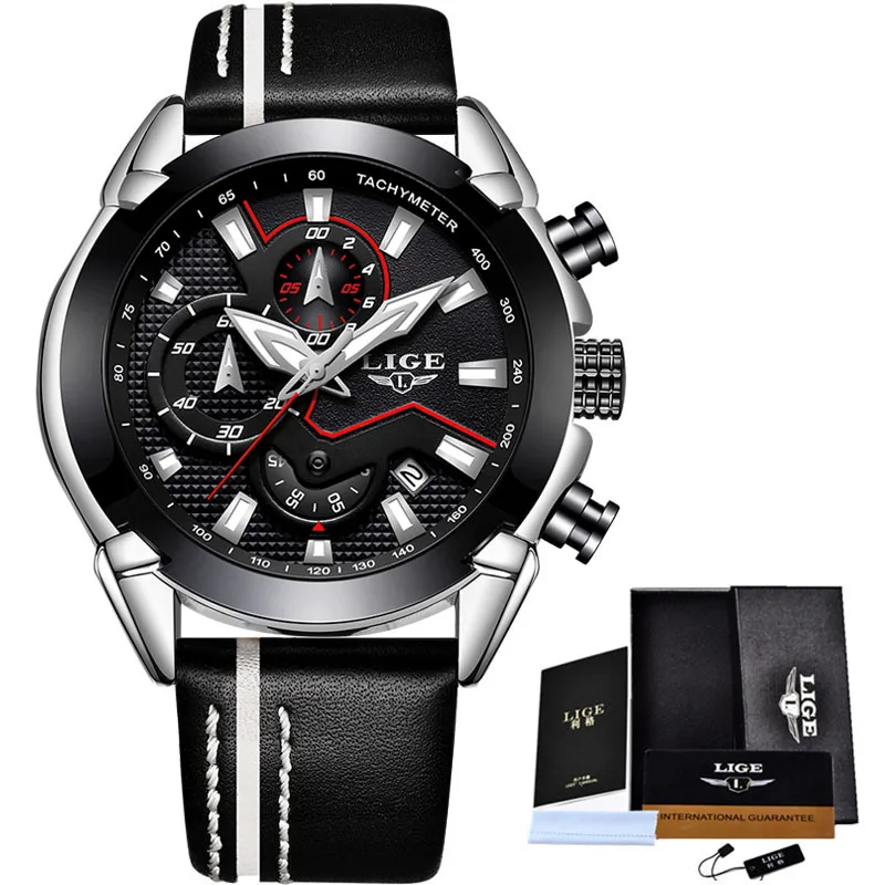 silver black LIGE новые модные мужские часы с нержавеющей сталью, Топ бренд, роскошные спортивные кварцевые часы с хронографом, мужские часы - Цвет: silver black